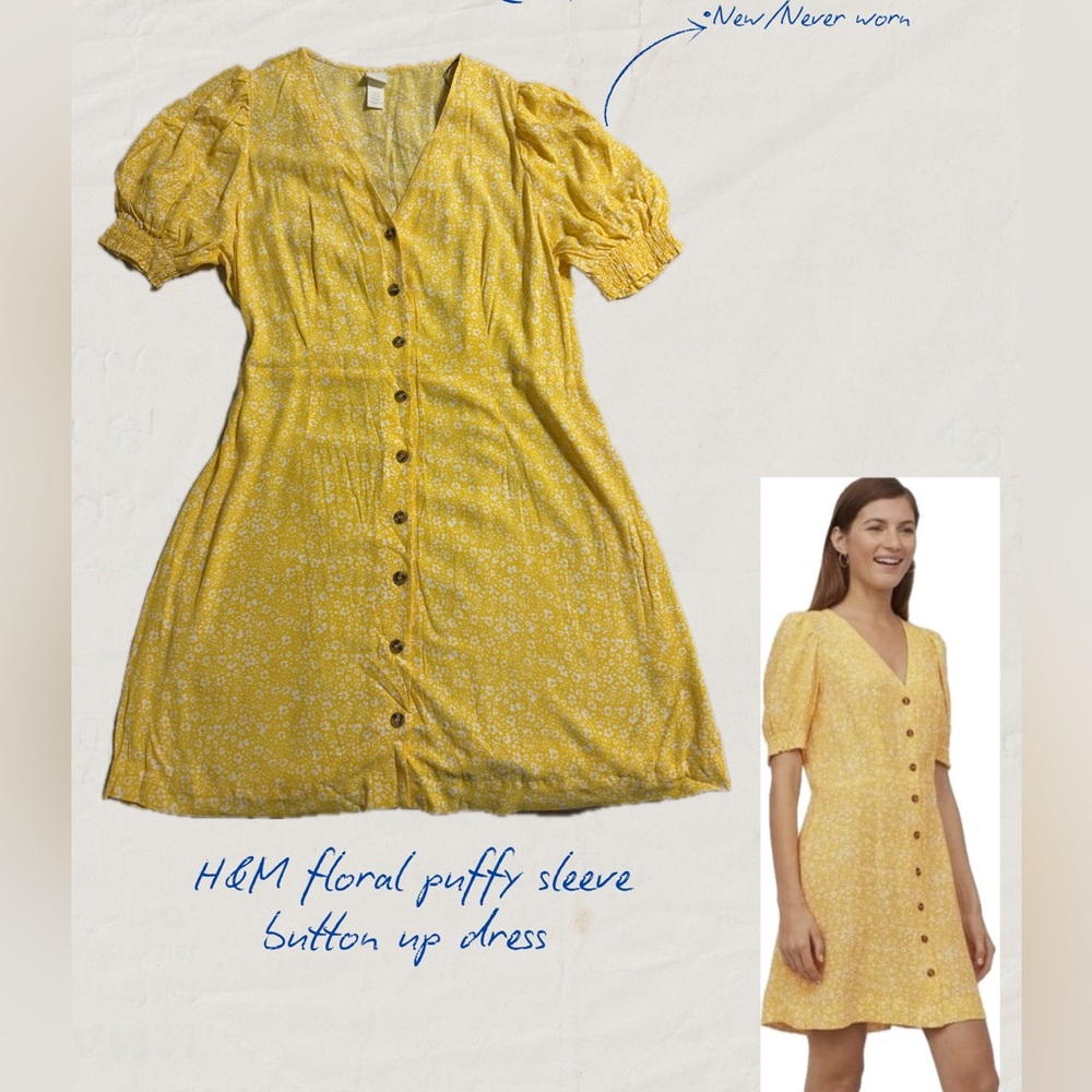 H&M Yellow Floral Button-Front Puff Sleeve Mini Dress